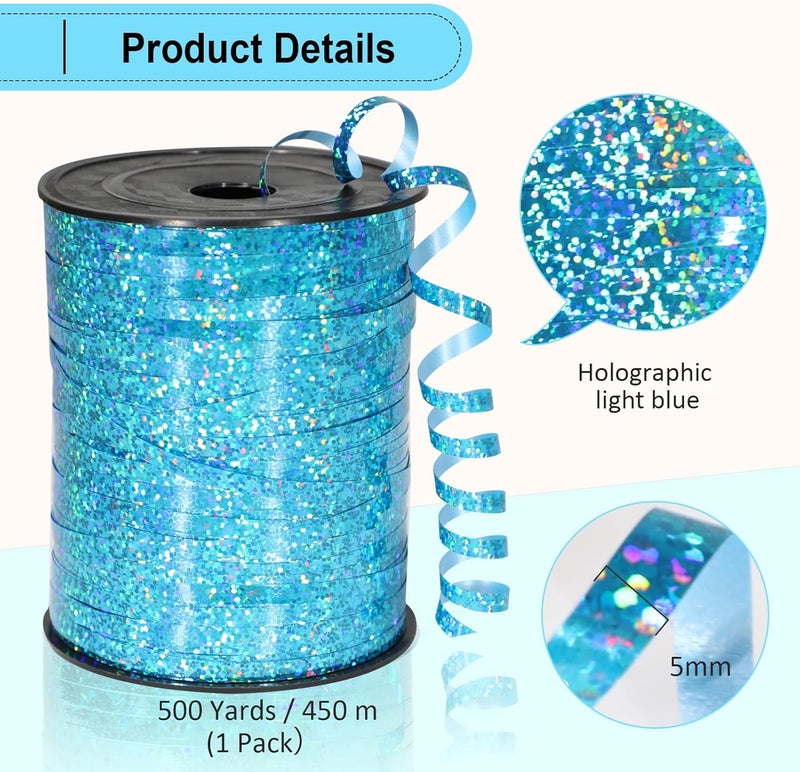 OMISELIO Light Blue Metallic Holographic Curling Ribbon, 500 Yard Teal Blue, Perfect for Gift Wrapping, Balloons, Crafts, Parties, Baby Showers, Graduations, Christmas, Festive Occasions - Image 5